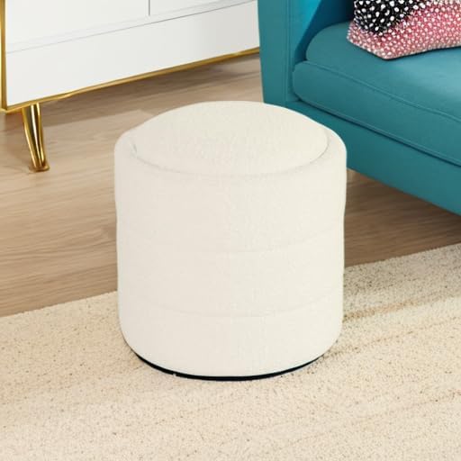HomePop Storage Round Ottoman with Removable Lid |Homepop Home Décor|Upholstered Round Foot Rest Ottoman - Cream Boucle