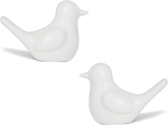Small White Bird Statue Ceramic 2-Piece Set, 3¾ inch Cute Knick Knack for Home Office Shelf Desk Decor