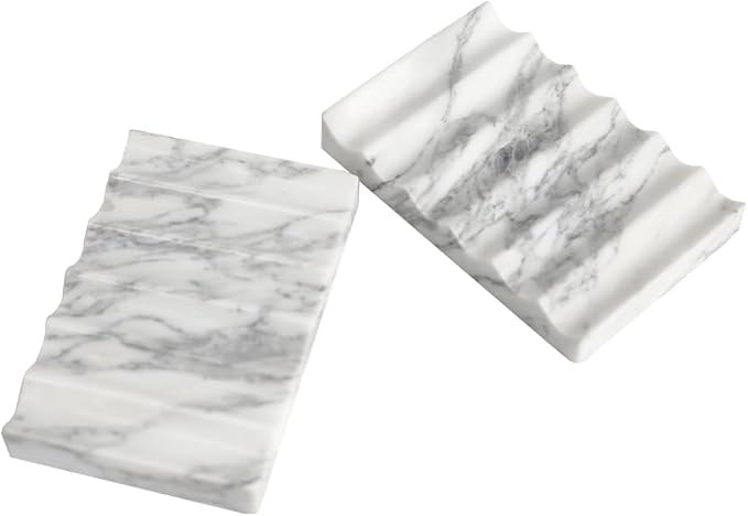 Luxurious Natural Marble Soap Dish Tray Marble Soap Holder Trinket Plate for Bathroom Sink Kitchen Countertop Bedroom Vanity Bathroom Accessory Rectangular (2 Pack)