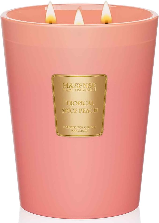M&SENSE Tropical Spice Peach Soy Candle, 35oz 3-Wick, Summer Scent Gift | 150H Long Burn, Non-Toxic, Large Jar, Fruity Home Fragrance, Stress Relief, Relaxation Gifts for Women