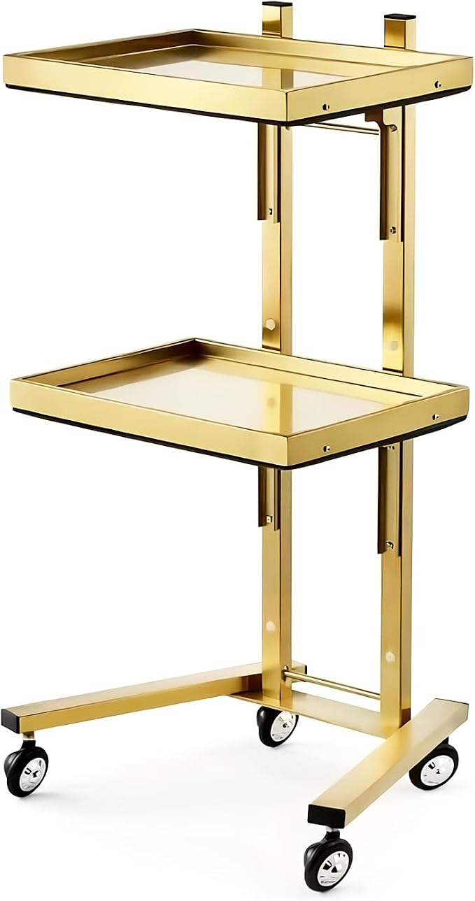 2-Tier Metal Rolling Cart – 34-Inch Folding Stainless Steel Salon Tray on Wheels, Utility Storage Trolley for Estheticians, Salon Studios and Shops, Dental Tools, Gold