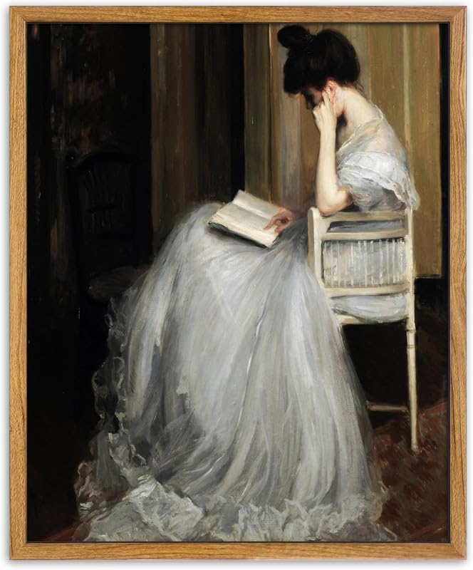 UPWOIGH The Reader Framed Portrait Wall Art, 16 x 24 Inch | Seated Woman Reading in a Flowing White Gown, Vintage Impressionist Style, Warm Wood Frame for Bedroom and Reading Nook