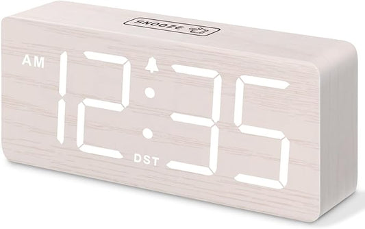 DreamSky Wooden Digital Alarm Clock for Bedroom - Desk Clock for Living Room with Large Numbers, Dimmer, Loud Alarm for Heavy Sleepers with Volume Control, DST, Office Wood Decor (Plug in Clock)