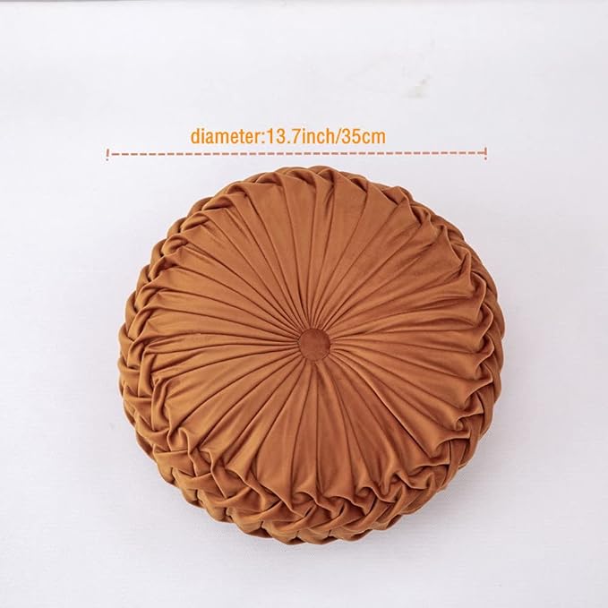 NatureMan 13.7 inch Round Sofa Cushion Pure Color Velvet Home Decor, Pleated Round Cushion, Pumpkin Pillow Suitable for Home Bed car Decoration (Orange)