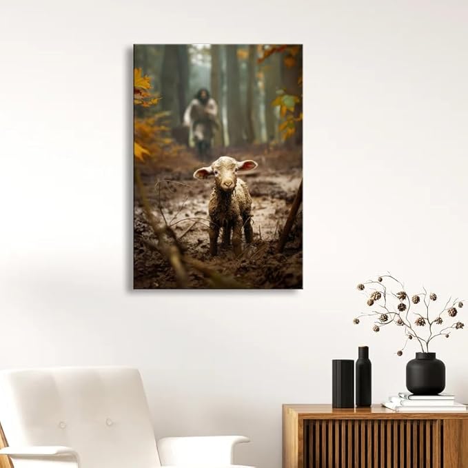 Large wall art for living room Jesus Running After Lost Lamb Picture for home decor Jesus wall decor for prayer room Baptism gifts for boys-girl serenity prayer Religious canvas wall prints .(24"X36") A-397