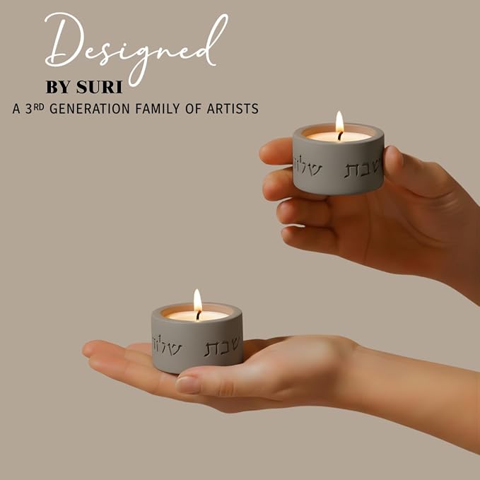 SURI Concrete Shabbat Candle Holders | Jewish Judaica Gift Set with Modern Shabbat Candle Holders | Tall & Short, Ideal Shabbat Set for Tea Lights (Tealights not Included)