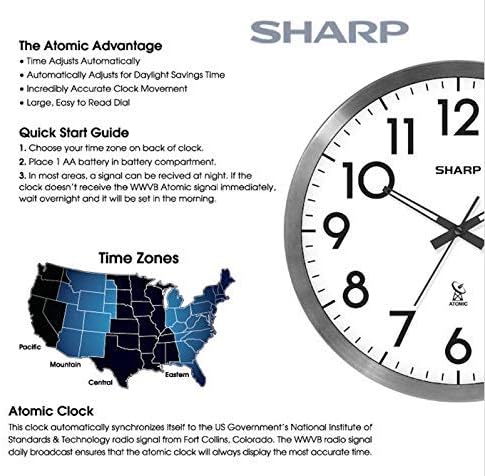 Sharp Atomic Analog Wall Clock - 12" Silver Brushed Finish Sets Automatically- Battery Operated Easy to Read Use: Simple, Style fits Any Decor