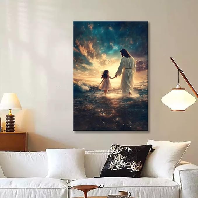 Eysintum Framed Jesus Wall Art Canvas Print Jesus with Girl Christian Faith Poster Inspirational Home Decor for Kids Room Nursery Living Room 24x36in Ready to Hang