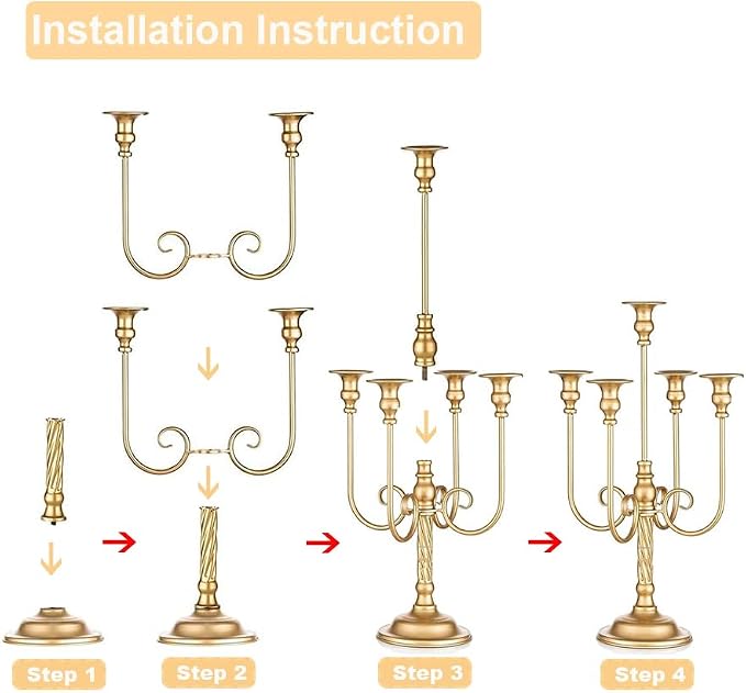 Metal Candelabra Gold Candle Stand 20in Tall, 5-Candle Candlestick Holder for Taper Candles, Candle Holder for Wedding Centerpiece Christmas Valentine Holiday Party Event Reception Decor, 2Pcs