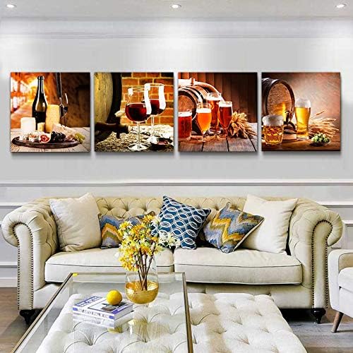 Kitchen wall decor Restoring ancient ways Still life Wine glass Wine barrel Canvas Prints Wall Art for Dining Room Bar Home Decorations 16x16 inch/4 piece restaurant posters decor Artwork Home decor