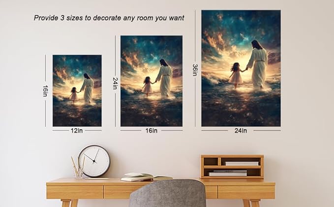 Eysintum Framed Jesus Wall Art Canvas Print Jesus with Girl Christian Faith Poster Inspirational Home Decor for Kids Room Nursery Living Room 24x36in Ready to Hang