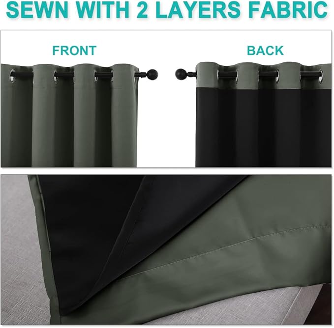 NICETOWN Dark Mallard Blackout Curtains 84 inches Long, Full Light Blocking Drapes with Black Liner for Nursery, Noise Reducing Thermal Insulated Draperies for Doorway (2 Pieces, 37" Wide Each Panel)