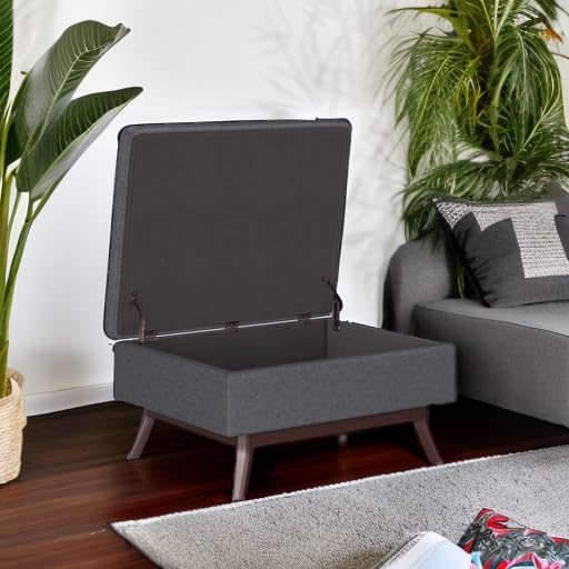 SIMPLIHOME Owen Coffee Table Storage Ottoman - 34" Wide x 19" High Upholstered Linen Look Fabric Rectangular Lift-Top Ottoman in Slate Grey, Mid-Century Modern Bench for Living Room with Tapered Legs