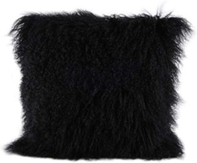 Tibetan Mongolian Lamb Fur Throw Pillow Cover 100% Real Sheepskin Fur Lamb Roll Wool Square Decorated for Livingroom Car Accessories Soft Fluffy Cushion Black 20''x20''