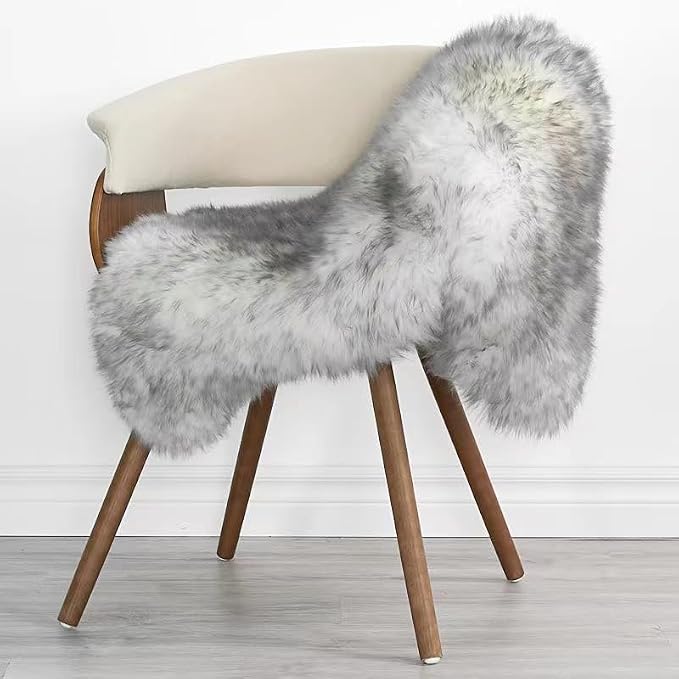 Fluffy Real Sheepskin Rug, Shaggy Fur Premium Soft Bedroom/Living Room Area Rug for Soft Fur Pray Pup Carpet Cushion, Chair Sofa Seat Cover(Wolf Tipped, Single Pelt/2FT*3FT)