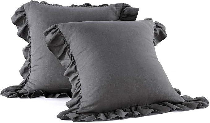MEADOW PARK Stone Washed French Linen European Pillow Shams, Set of 2 Pieces, 26 inches x 26 inches Square Euro Sham, Super Soft, Ruffles Style, Charcoal Color