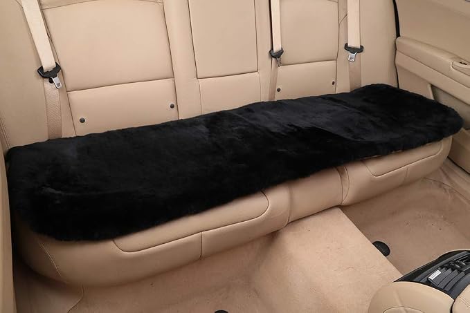 OGLAND Fuzzy Genuine Sheepskin Car Rear Seat Cover for Kids Dogs Pets Auto Bench Back Cushion Interior Accessories with Soft Fluffy Wool Natural Fur, Black