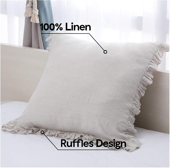 100% French Linen Throw Pillow Covers - Set of 2 - Washed Flax Decorative Ruffled Square Cushion Cover Solid Color Soft Breathable - Linen, 18'' x 18''