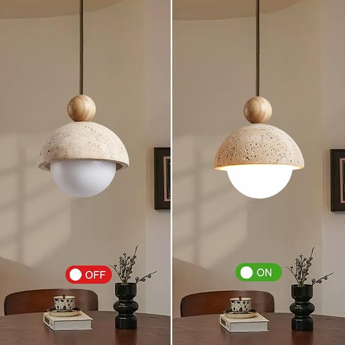 Yellow Travertine Pendant Light Spherical Wabi Sabi Pendant Light Fixture Natural Stone Retro Japanese Style Vintage Mini Wood Nordic Hanging Light for Kitchen Island Bedroom Hallway Bedside (2PCS)
