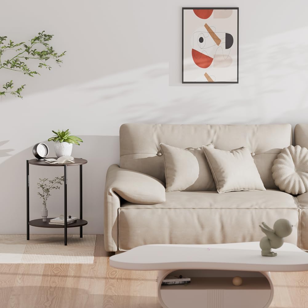 Side Table, Round End Table with 2-Layer Storage Rack, 15.7" Small Spaces Circle Table, Metal Frame Design Small Side Tables, for Living Room, Bedroom, Vintage Wood