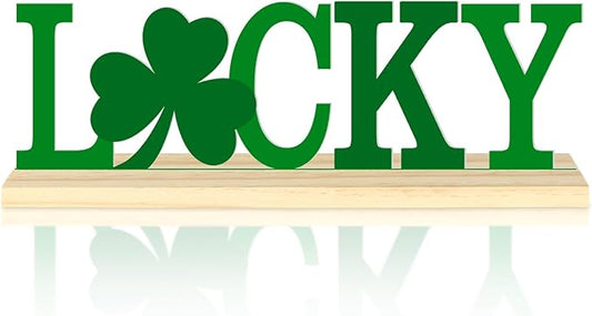 Metal St. Patrick’s Day LUCKY Table Sign, St. Patrick’s Day Tabletop Decoration with Wood Base, Green Shamrock Holiday Centerpiece Sign Decor for Home, Office, Shelf, Mantel Party Supplies