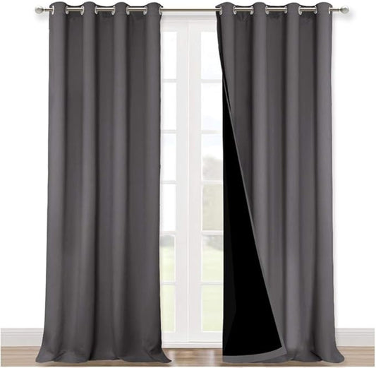 NICETOWN 100% Blackout Blinds, Laundry Room Decor Window Treatment Curtains for Large Patio Sliding Door, Thermal Insulated Grey Curtains for Bedroom, Set of 2, 52 inches x 108 inches