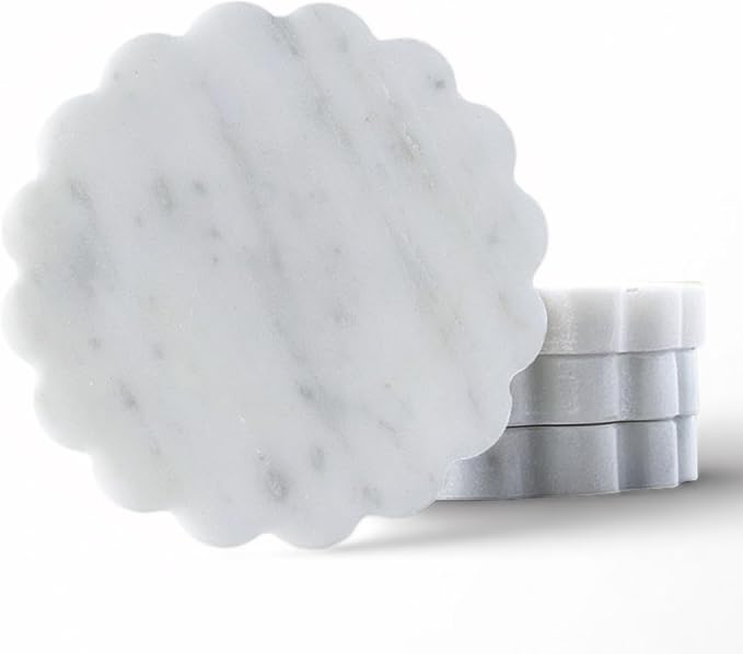 Marble Coasters Set of 4, Handcrafted Drink Protectors,Natural Stone Coaster Bar & Table Decor, Modern Desk Aesthetic Accessories, Non-Slip Luxury Gift (Calacatta White Wave Scalloped)