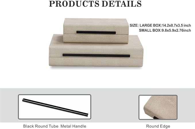Ivory Shagreen Decorative Boxes Set of 2-Modern Faux Leather Jewelry Orgazier, Engineered Wood Keepsake Boxes With Black Metal Handles for Home Decor Living Room Console Table, Gift (Ivory)