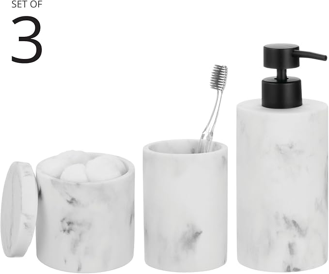 mDesign Printed Resin 3-Piece Bathroom Vanity Countertop Accessories - Soap Dispenser, Tumbler Rinsing Cup, and Canister Holder Sets - Complete Modern Counter Aesthetic - Set of 3 - Marble