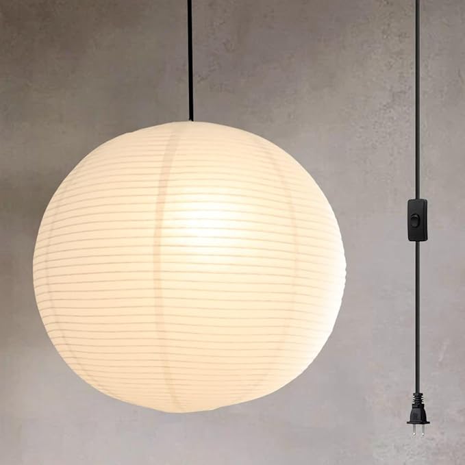 Nogy Japanese Style Paper Lantern Lamp Pendant Light - Off White Rice Hanging Paper Lamp Shade with Cord, Plug in, 15ft, 23.5 in