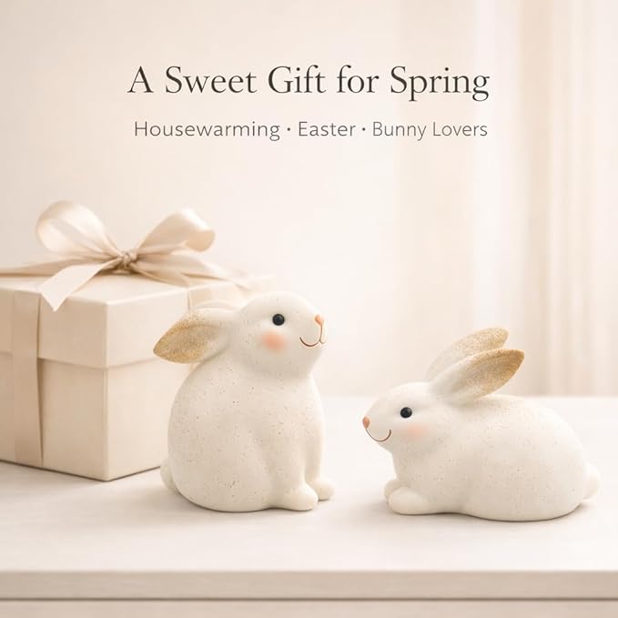 GoGnome Set of 2 Resin Easter Bunny Figurines – Speckled Ivory Rabbit Decor, Hand-Painted Spring Home Accents for Shelf, Mantel & Tabletop Easter Decoration Indoor (Off White)