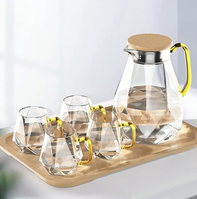 DUJUST Glass Pitcher Set (68 oz) with 4 Cups & 1 Tray, Elegant Diamond Design Water Pitcher with Handle, High Durability Glass Jug for Fridge, Glass Carafe for Iced Tea/Juice/Beverage/Coffee/Drinks