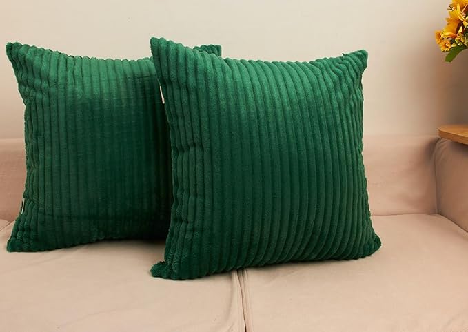 TangDepot Velvet Big Corduroy Pillow Covers 14x14 Deep Green 2-Pack | Soft wide-stripe corduroy pillow cover, hidden zipper, machine washable, easy refresh, for bedroom living room indoor outdoor