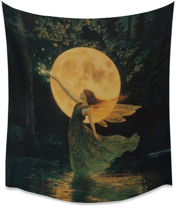Whimsical Fairy Tapestry Fantasy Moonlight Fae Goddess Print Moody Gothic Aesthetic Wall Hanging Magical Forest Pictures Dark Cottage Witchy Tapestries for Girls Room Bedroom 60x80inch