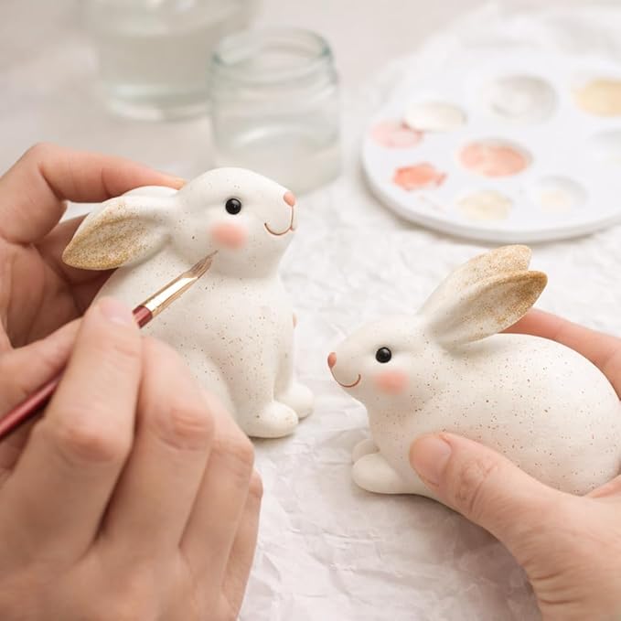 GoGnome Set of 2 Resin Easter Bunny Figurines – Speckled Ivory Rabbit Decor, Hand-Painted Spring Home Accents for Shelf, Mantel & Tabletop Easter Decoration Indoor (Off White)