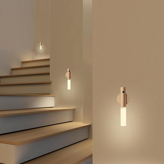 LANDGOO Wooden Motion Sensor RGB Night Lights Indoor, Magnet Body Hallway Rechargeable LED Wireless Battery Operated Wall Sconce (Ash Wood 1P)