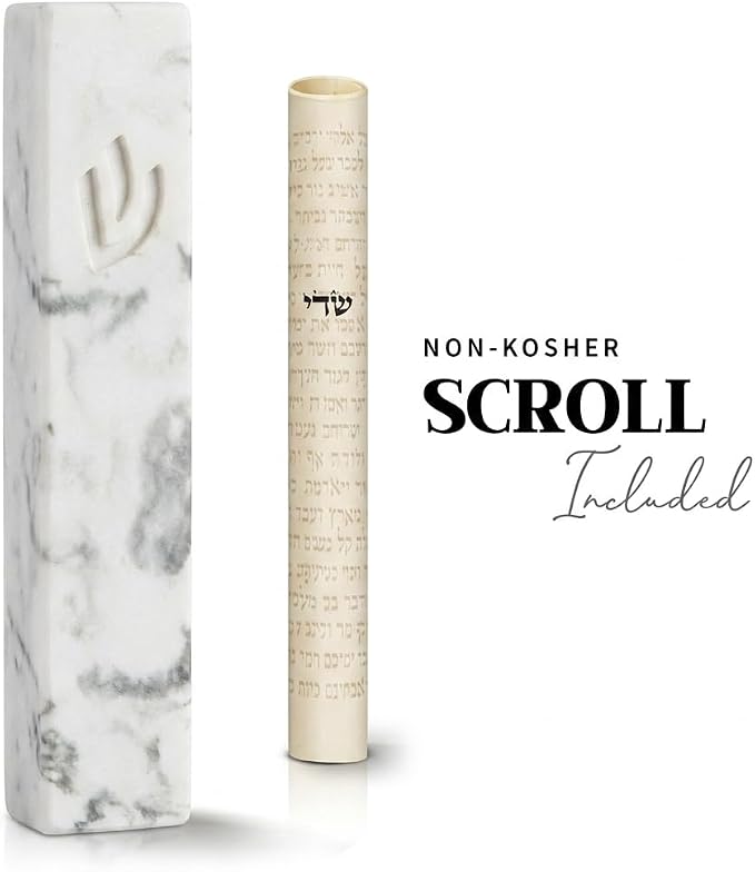 SURI Mezuzah for Door – 6 Inch Marble Cream Concrete Mezuzah Case with Non Kosher Scroll, Self-Stick Jewish Entry Design, Fits a 5 Inch Scroll, Gift Box Included