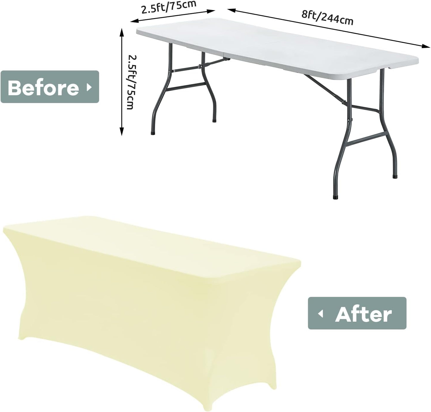 CWK 8FT Waterproof Stretch Spandex Table Cover for Rectangular Tables - Elastic Fitted Tablecloth for Folding Tables,Wrinkle Resistant Table Cloth for Parties, Weddings, Banquets & Events (Beige)