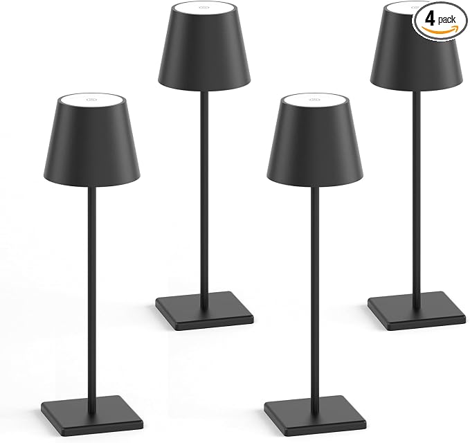 4-Pack LED Rechargeable Table Lamp, Battery Desk lamp 5000mAh Battery Operated Stepless Dimming Modern Portable Table Light for Restaurant/Dinner/Bedroom/Outdoor IP54 Waterproof (Black)