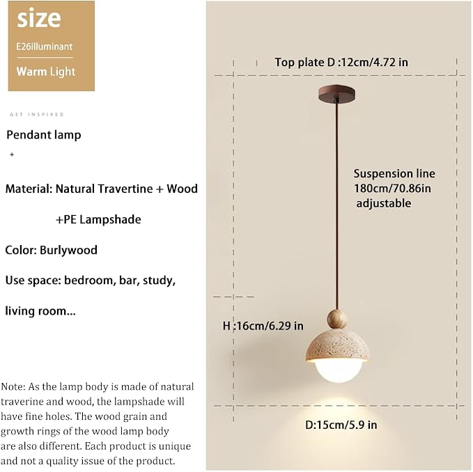 Spherical Wabi Sabi Pendant Light Natural Stone Retro Japanese Style Yellow Travertine Pendant Lighting Vintage Mini Wood Nordic Hanging Light for Kitchen Island Dining Room Bedroom Hallway Bedside