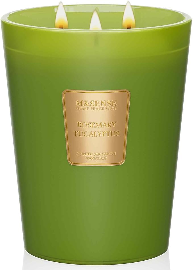 M&SENSE Rosemary Eucalyptus Soy Candle, 35oz 3-Wick, Summer Spa Meditation | 150H Slow Burn, Non-Toxic, Large Jar, Meditation Room, Office Focus, Yoga Studio, Stress Relief, Refresh Mind