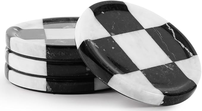 Marble Coasters Set of 4, Zebra Black & White Handmade 4 inch Round Checkered Stone Coaster, Drink Coaster Plates for Living Room, Trendy Office Desk Accessories & Home Décor