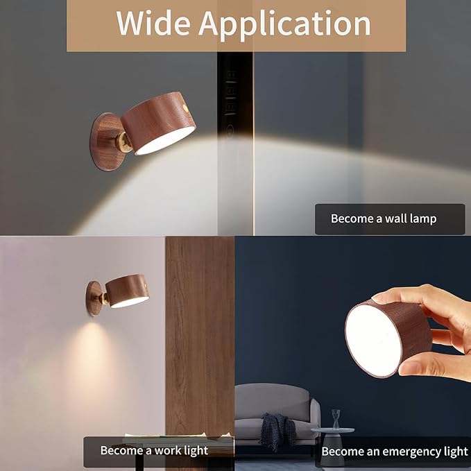 LANDGOO Wood Wall Sconce, Sapele Wood Magnetic 360° Rotatable Cordless Bedside Lamp Set, Rechargeable & Dimmable LED Lights with Touch Control, Wireless Wall Mount for Bedroom