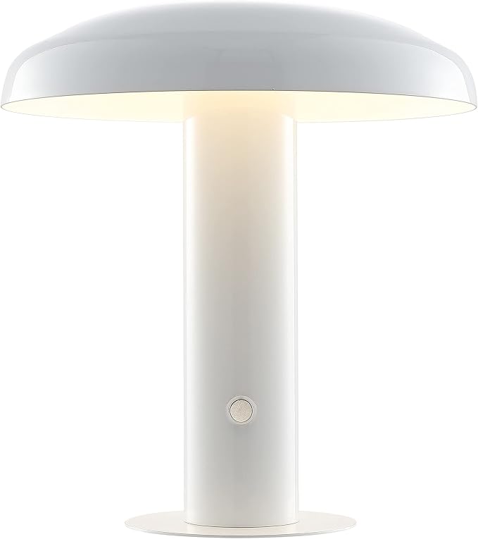 JONATHAN Y 11" White Rechargeable LED Mushroom Table Lamp, Cordless Portable Dimmable Mid-Century Modern Accent Lamp, with Metal Shade, Touch Sensor (JYL7114B)