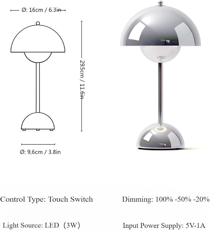 Modern Flower Bud Lamp 12" Cordless Touch Lamp Dimmable 2600mAh Rechargeable Desk Lamp Nordic Minimalist Mushroom Lamp Nightstand Bedside Lamp for Bedroom Living Room(Chrome) No Reading Light
