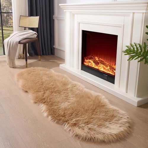 Faux Fur Sheepskin Runner Rug Brown 2x6 ft Ultra Soft Shaggy Plush Fluffy Fuzzy Area Carpet Decorative Chair Cover Floor Mat for Bedroom Sofa Living Room Bedside