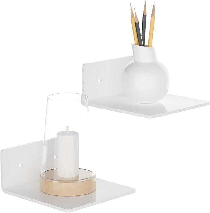 Sezanrpt 6 Inches Acrylic Small Wall Shelves 2 Pack, Floating Shelf for Wall Mounting, Acrylic Display Ledges for Funko Pop Figures, Home Décor, Living Room, Gaming Room, Plants(6 inch, White)