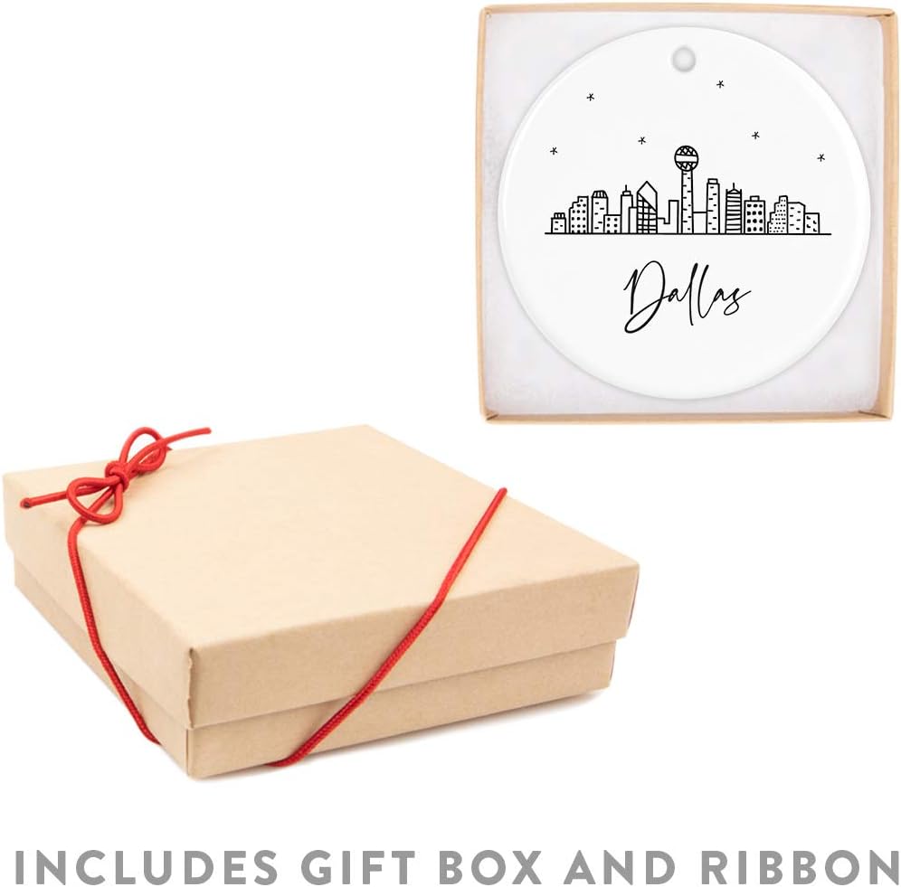 Andaz Press Round Ceramic Porcelain Christmas Tree Ornament Keepsake, Dallas Black and White Stars City Skyline Graphic, 1-Pack, Birthday Gift Ideas for Family Coworker, Includes Gift Box