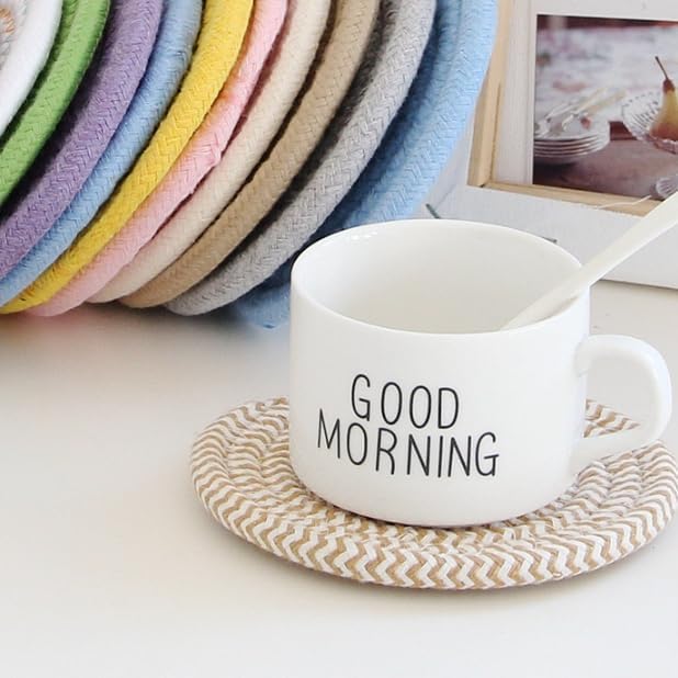 Handmade Woven Cotton Coasters - Set of 8 with Holder, Absorbent, Protects Tabletop - 4.3 Inch Diameter, Home Decor, Kitchen Decor, Table Decor, Coffee Table Decor, Living Room Decor, 8 Colors