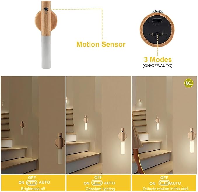 LANDGOO Wooden Motion Sensor Lights Indoor, Ash Wood 2Pcs | Magnet Body, Rechargeable LED, Wireless Battery Operated, Wall Sconce, Portable Decor Torch Night Lighting